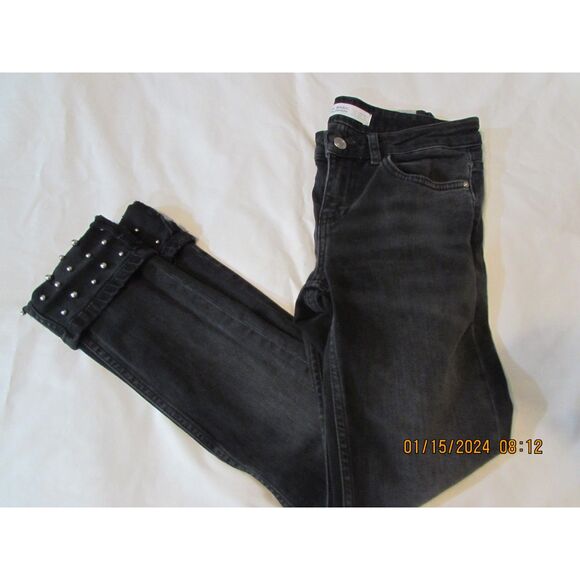 ZARA BLACK JEANS DENIM SIZE 2 STUDDED CUFFS Z1975 BASIC DEPT - Picture 2 of 9